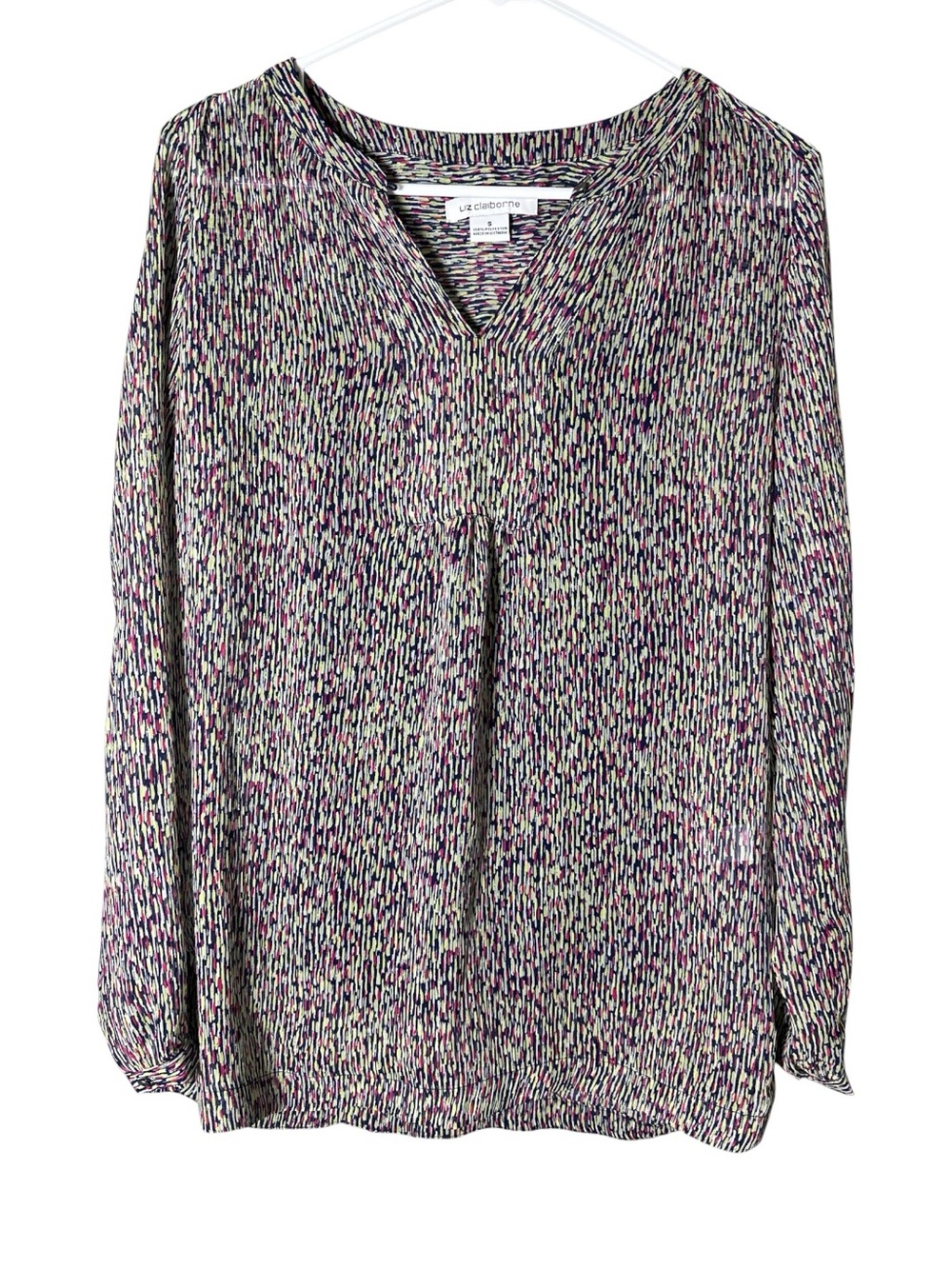 Liz Claiborne Purple Multi-Print V-Neck Long Sleeve Blouse Size S
